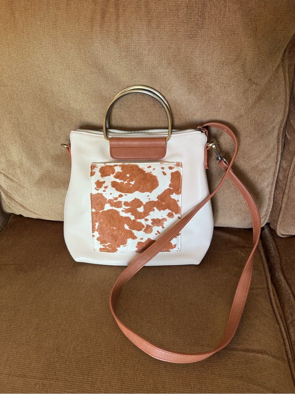 Cream and Tan Crossbody Handbag with Cowhide Accent
